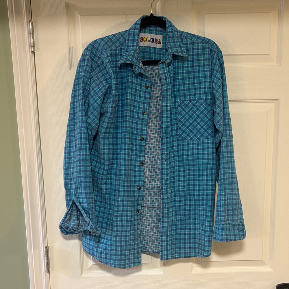 Turquoise Plaid Button-Down Shirt with Graphic Back - Picture 2 of 3